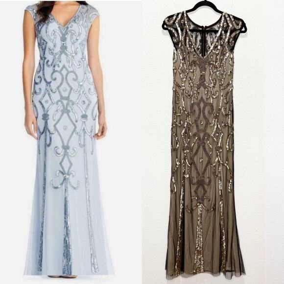 NWOT Aidan Mattox Beaded Mesh Gown Long Dress Cap Sleeve Sz 2 - Picture 1 of 15